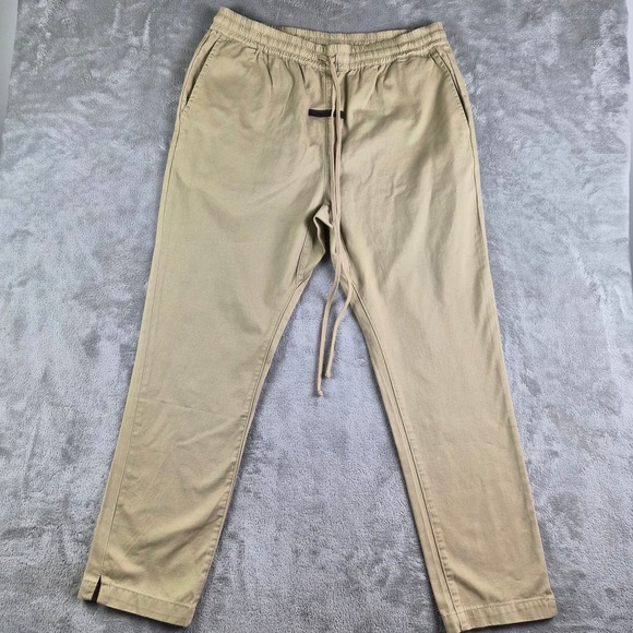 Fear of God Essentials Mens XL Khaki Cotton Twill Tapered Drawstring Pants Tan